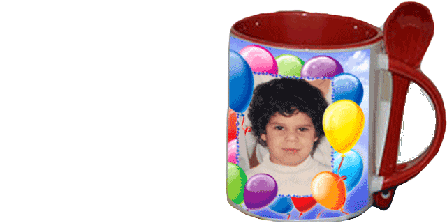 ספל וכפית מקרמיקה עם הדפסה לחג פורים, בלונים